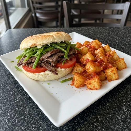 Chacarero steak sandwich with tomato, green beans and mayo, with papas bravas