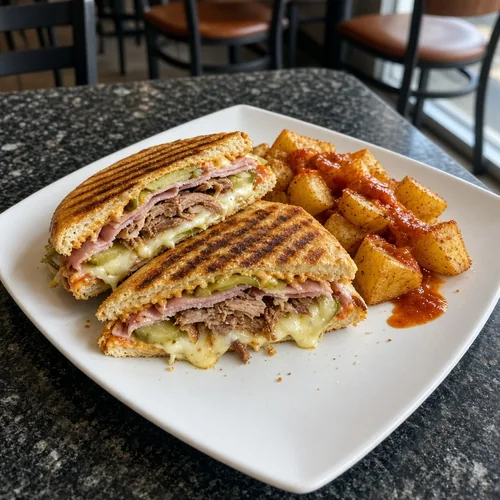 Pressed Cubano sandwich with pork, ham, pickles and melted swiss, with papas bravas